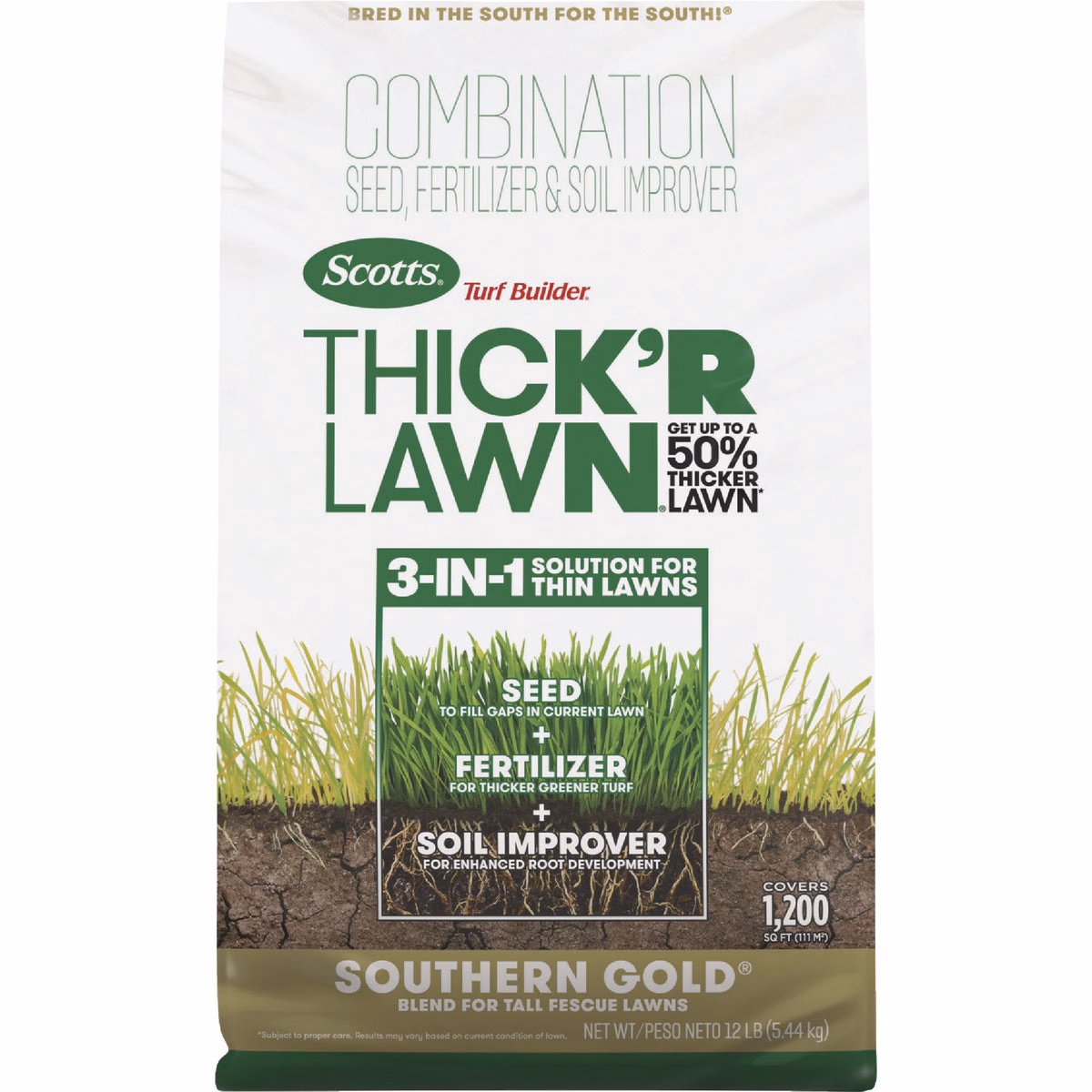 Scotts Turf Builder Thick'R Lawn Southern Gold 12 Lb. 1200 Sq. Ft. Grass Seed, Fertilizer, & Soil Improver Combination