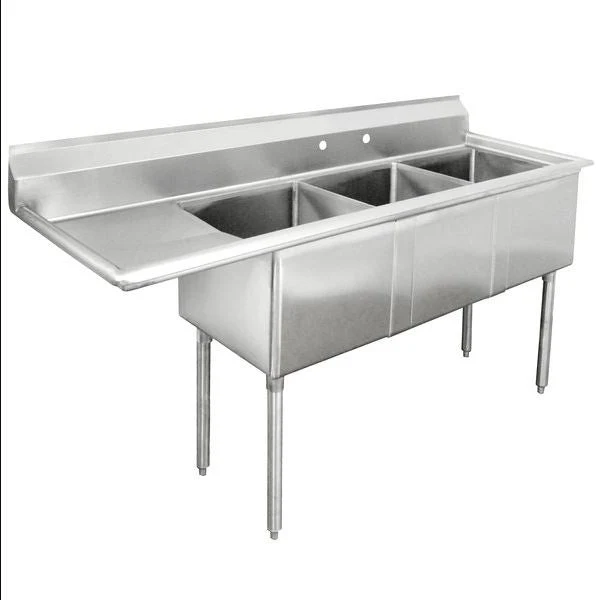 Hakka Brothers 16 Gauge Stainless Steel Three Compartment Commercial Sink with Left Drainboard – 18″ x 18″ x 11″ Bowls