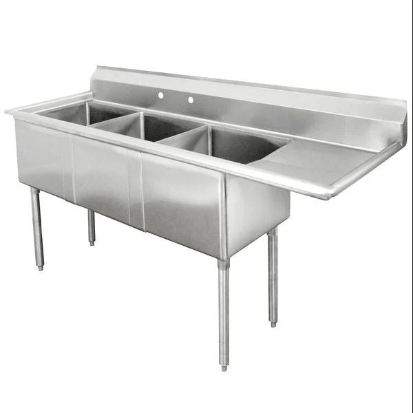 Hakka Brothers 16 Gauge Stainless Steel Three Compartment Commercial Sink with Right Drainboard – 18″ x 18″ x 11″ Bowls