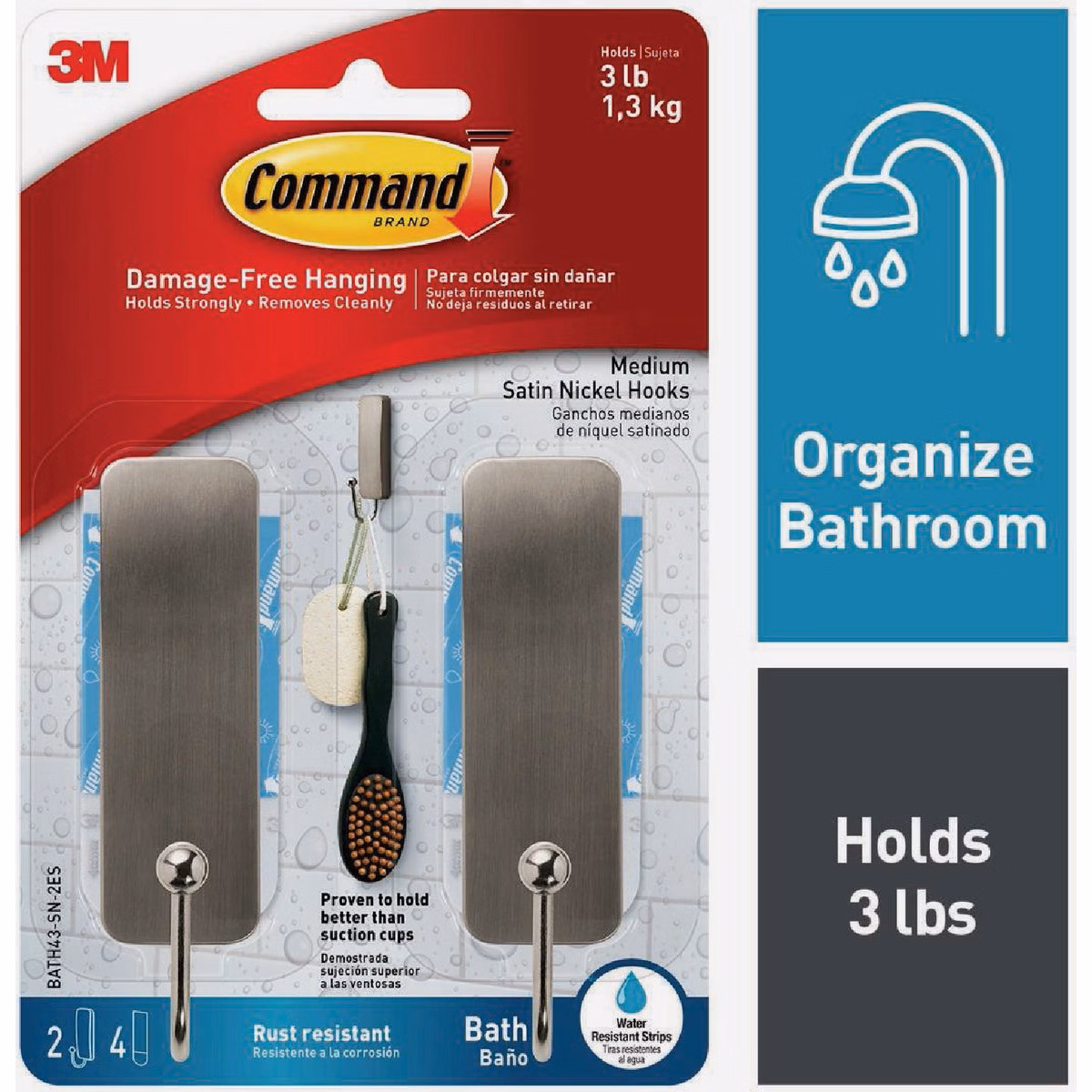 Command Medium Bath Hooks, Satin Nickel, 2 Hooks, 4 Strips