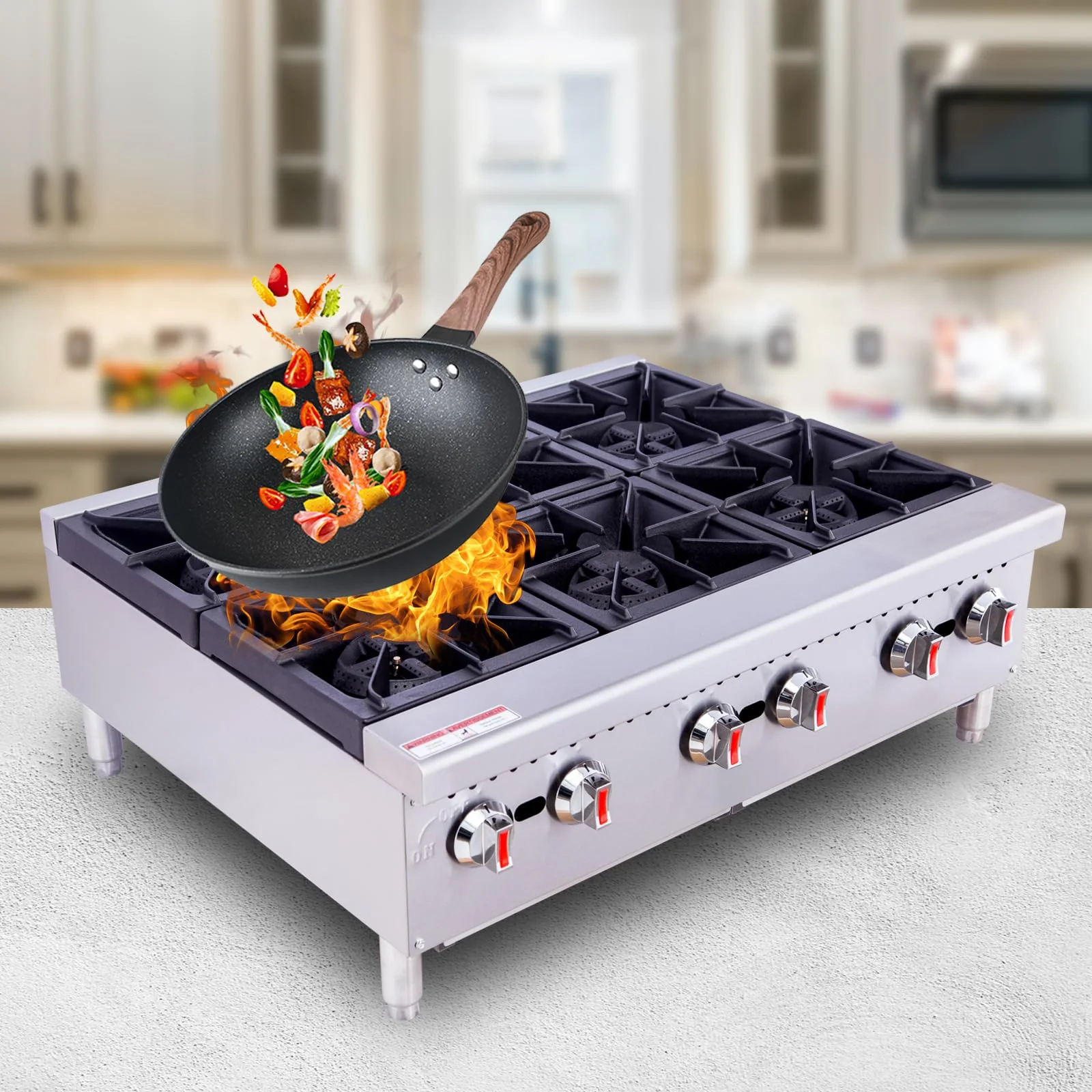 EASYROSE 36″ Countertop Gas Hotplate 6 Burners Heavy Duty 180,000 BTU Gas Stove, ETL Listed