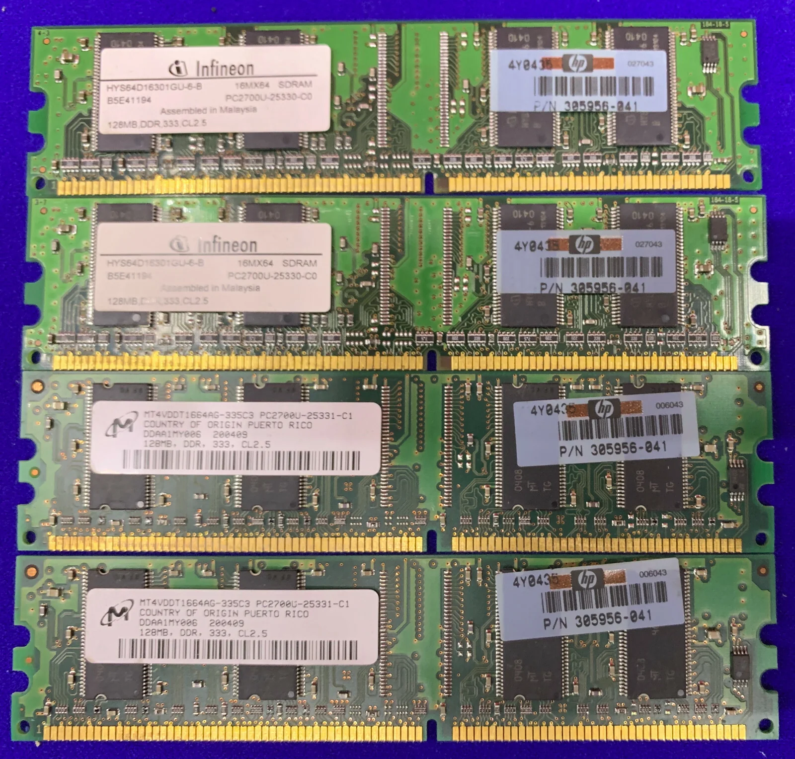 QTY 4 – HP / HEWLETT PACKARD 305956-041 DIMM MEMORY MODULES 128MB