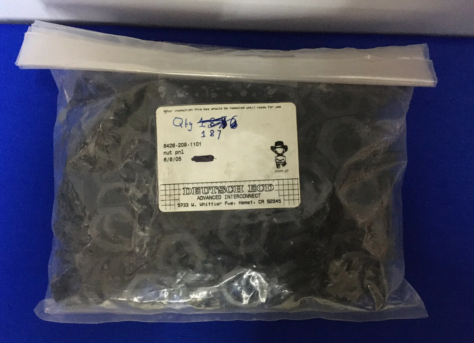 1 PKG OF 187 PCS –  DEUTSCH ECD ADVANCED INTERCONNECT 6426-209-1101 NUT PNL