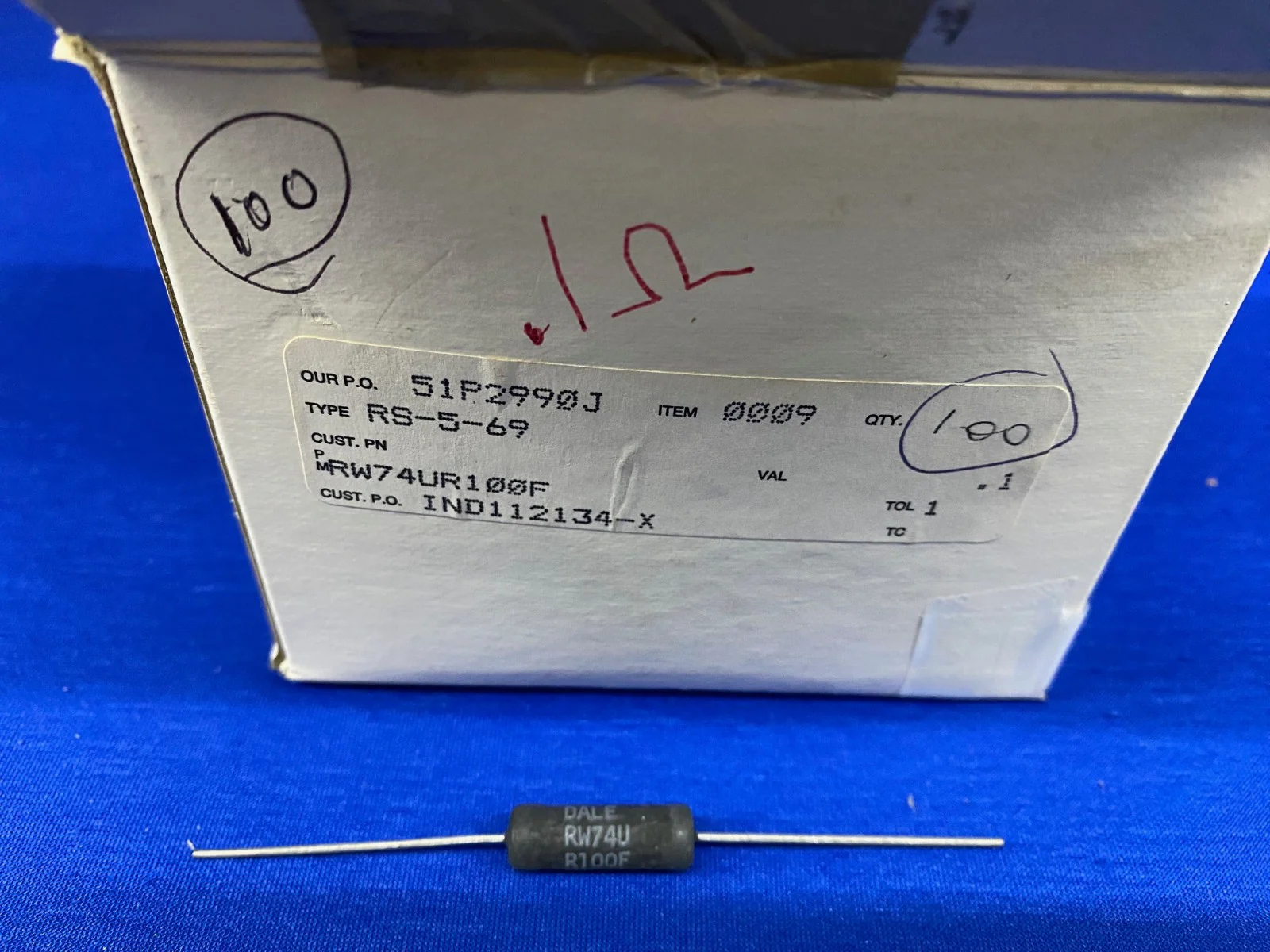 DALE RS-5-69 RW74UR100F RESISTOR WIREWOUND – 1 BOX QTY 100