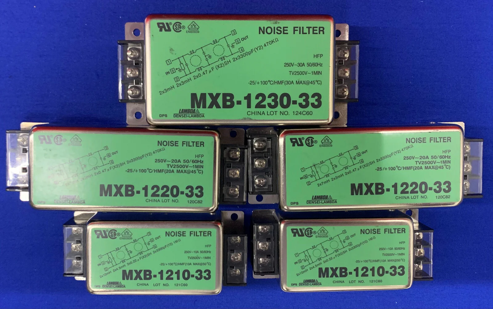 Lot of 5 – Lambda Noise Filters: (2)MXB-1210-33 (2)MXB-1220-33 (1)MXB-1230-33