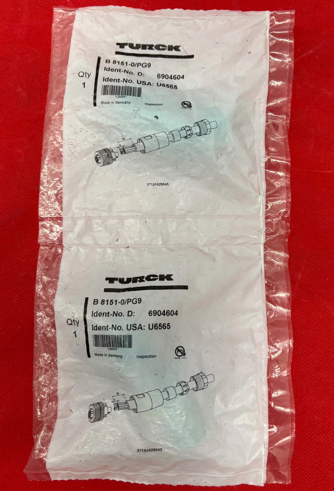 TURCK SENSOR CONNECTOR B 8151-0/PG9 / 6904604 / U6565 – QTY 2