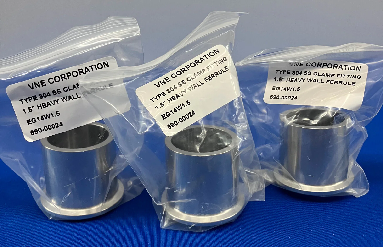 VNE CORP TYPE 304 SS, EG14W1.5 CLAMP FITTING 1.5” HEAVY WALL TANK FERRULE LOT 3