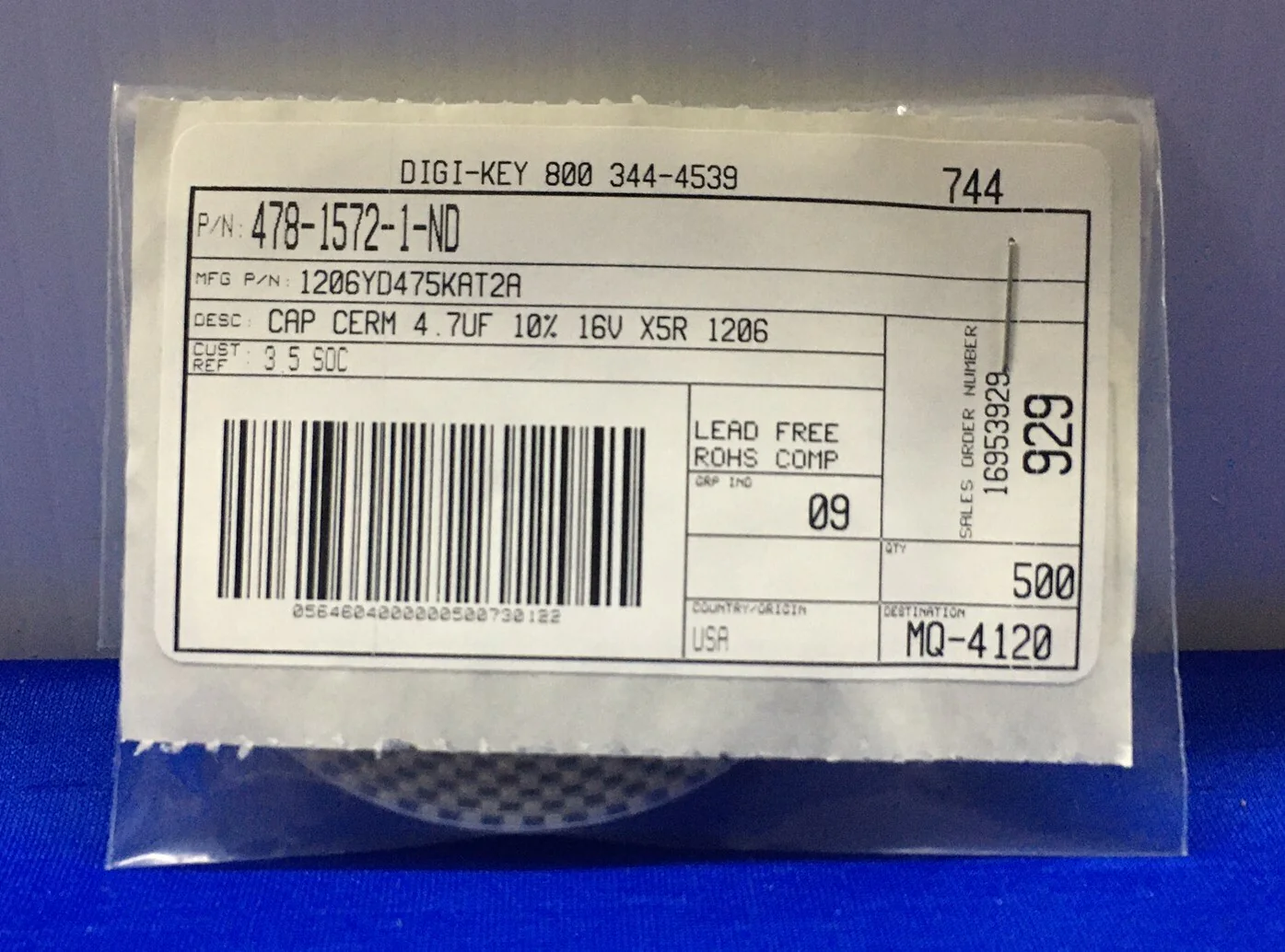 1 PKG OF 500 – DIGI-KEY 478-1572-1-ND / 1206YD475KAT2A CAPACITOR CERAMIC