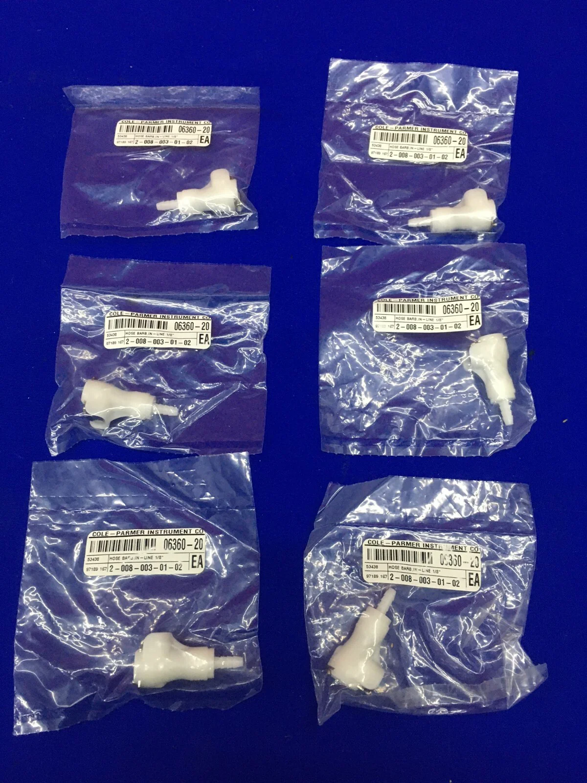 1LOT QTY OF 6 – COLE-PARMER / COLE PARMER 06360-20 HOSE BARB IN-LINE 1/8″
