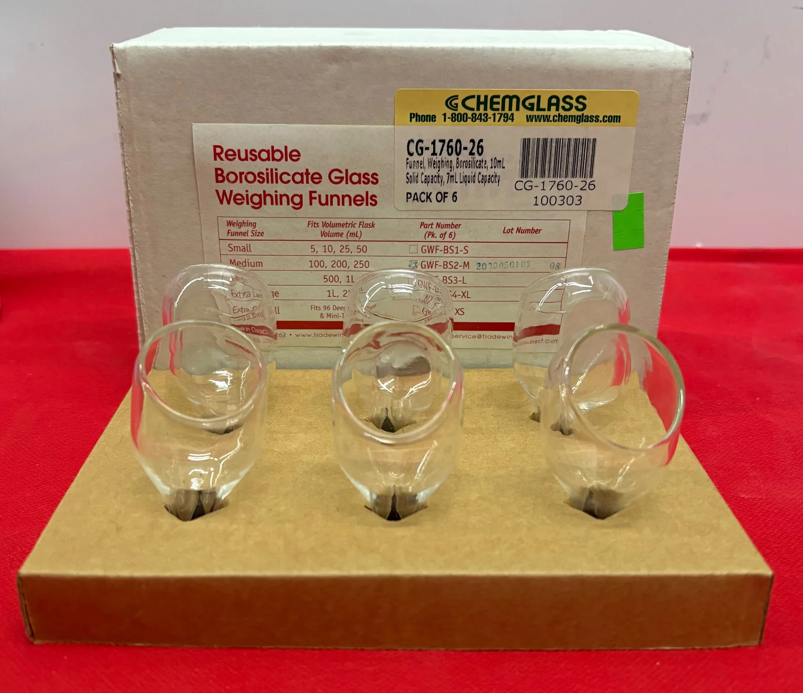 CHEMGLASS CG-1760-26 GLASS FUNNEL 10mL SOLID & 7mL LIQUID – 1 BOX OF QTY 6