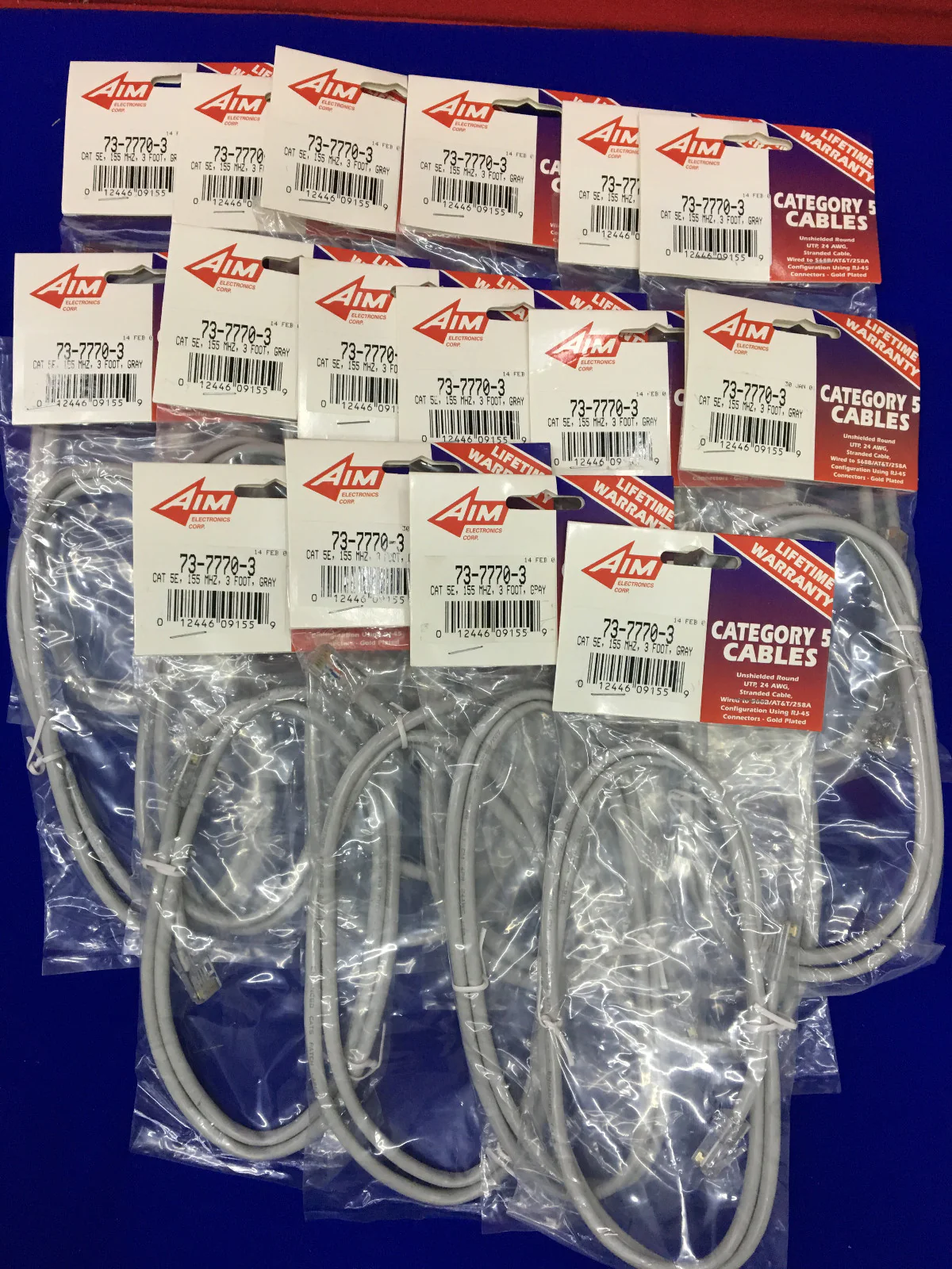 QTY 16 – AIM ELECTRONICS 73-7770-3 CATEGORY 5 CABLES CAT 5E 155 MHZ 3 FOOT GRAY