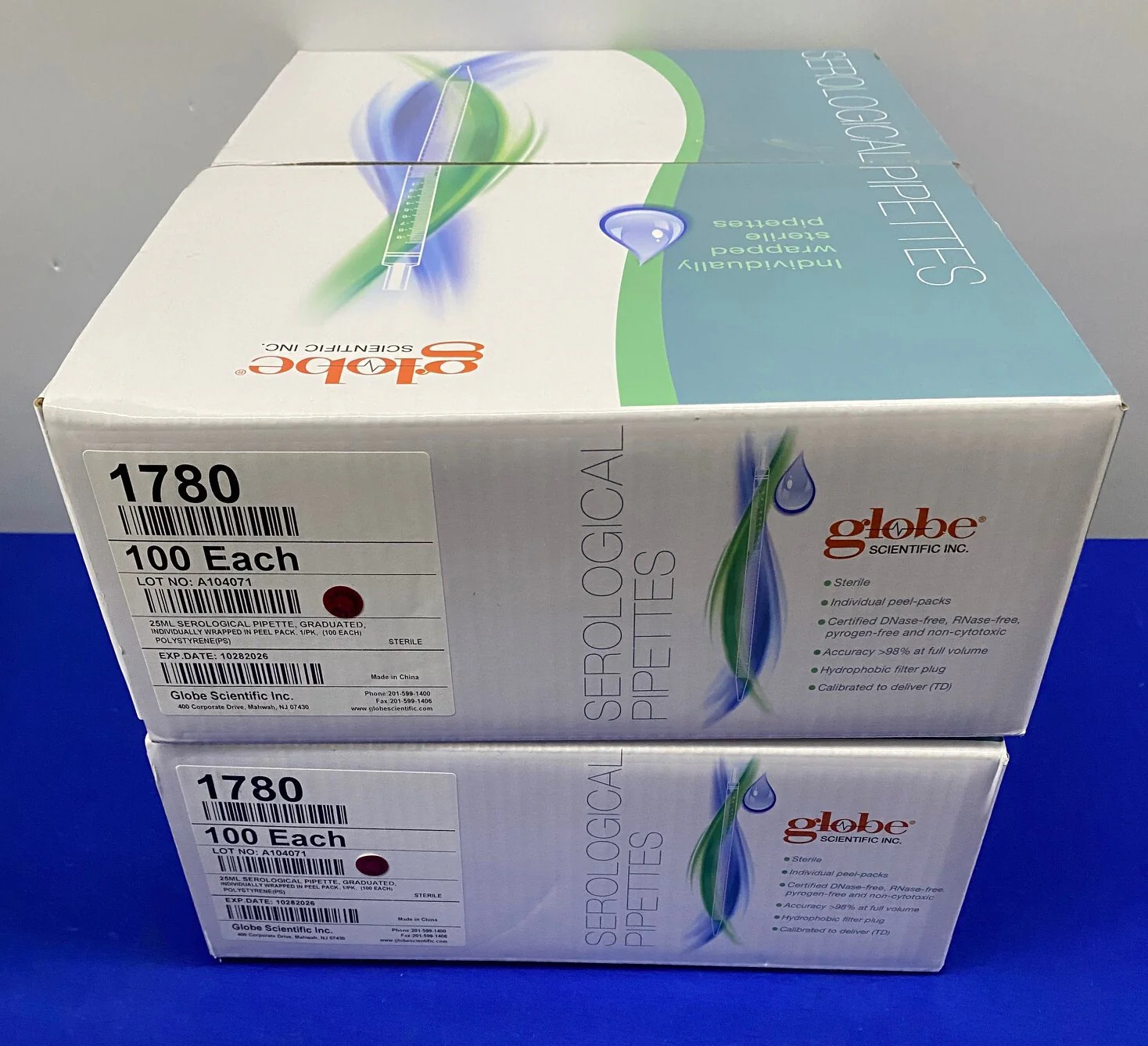 GLOBAL SCIENTIFIC  1780 25ml SEROLOGICAL PIPETTE – 2 PACKAGES OF 100 PIPETTES EA