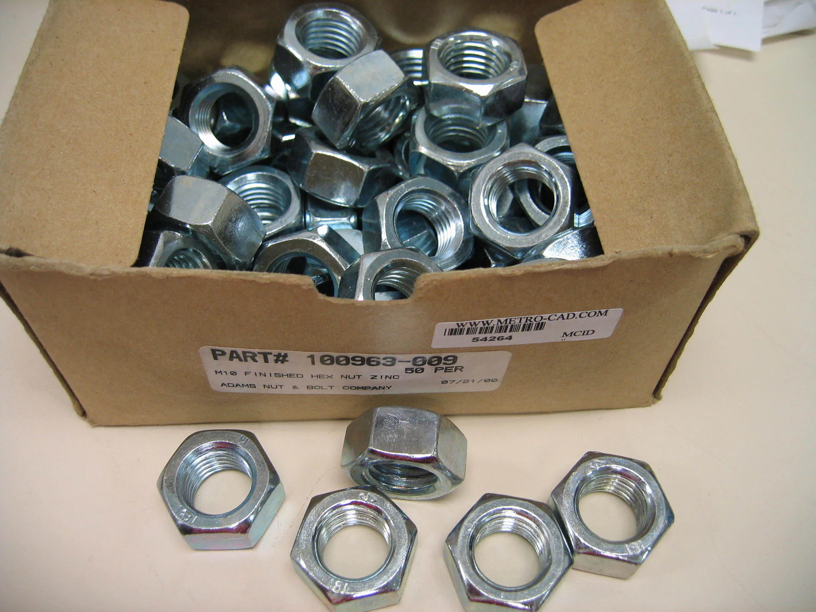 ADAM’S NUT & BOLT M10 METRIC BOX QTY 50 HEX NUT ZINC NIB Part# 100963-009