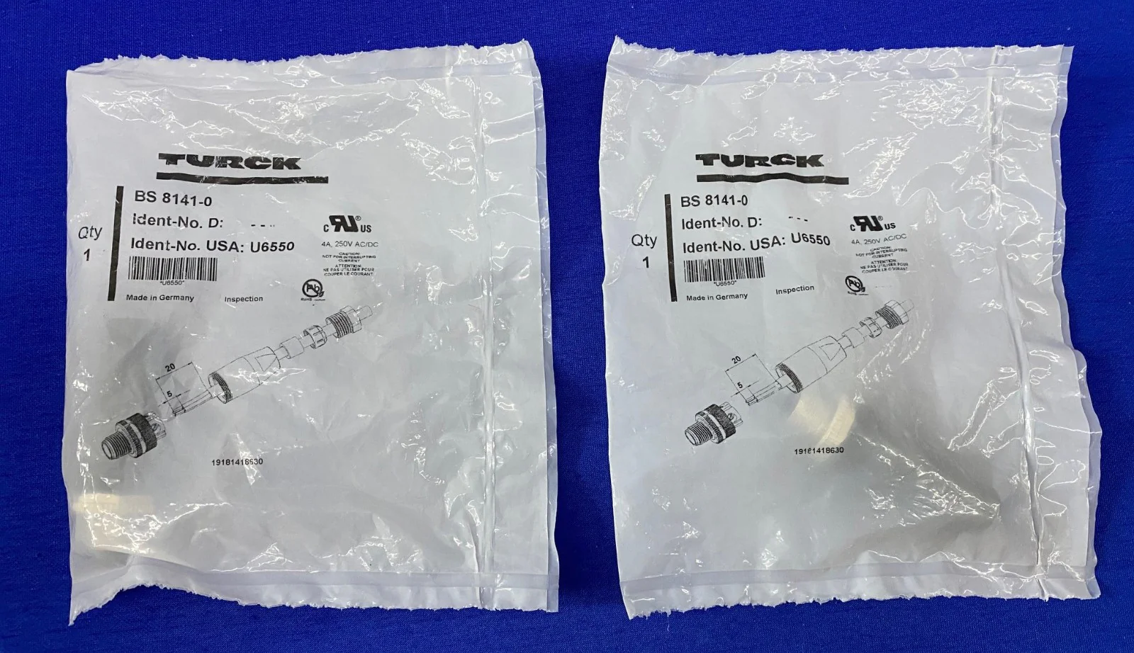 TURCK BS 8141-0 SENSOR CONNECTOR PLUG M12 4 CONTACTS SCREW PIN – 1 LOT QTY 2