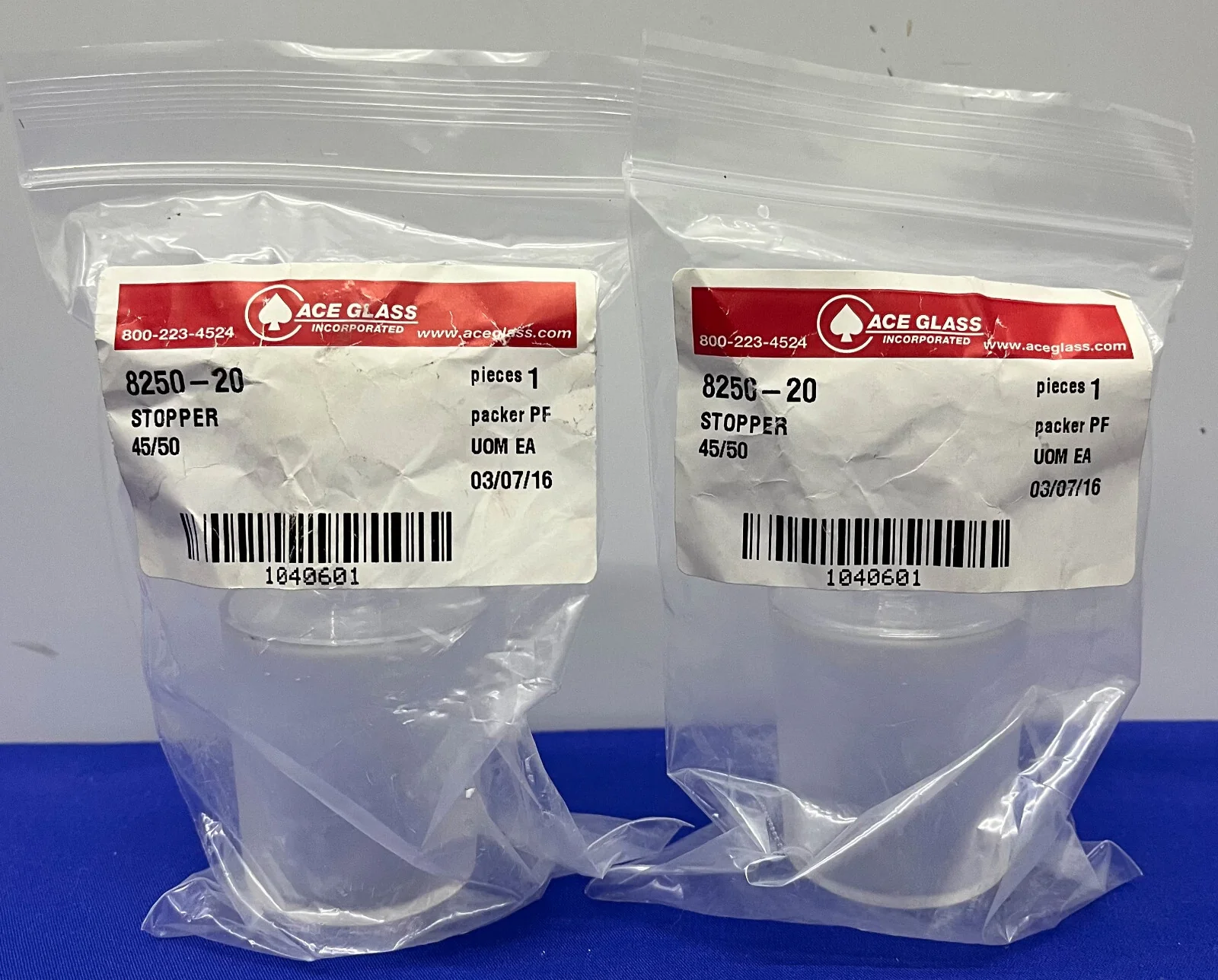 ACE GLASS 8250-20 HOLLOW FULL LENGTH GLASS STOPPER 45/50 JOINT – 1 LOT QTY 2