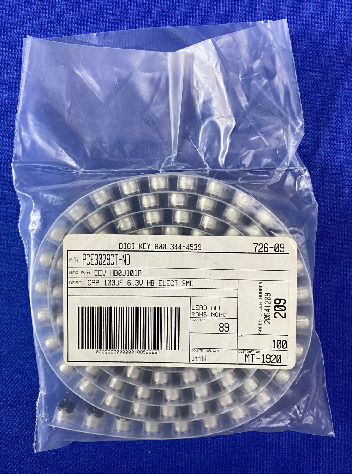 DIGI-KEY  PCE3029CT-ND / MFG P/N EEV-HB0J101P CAPACITOR – 1 PACKAGE QTY 100