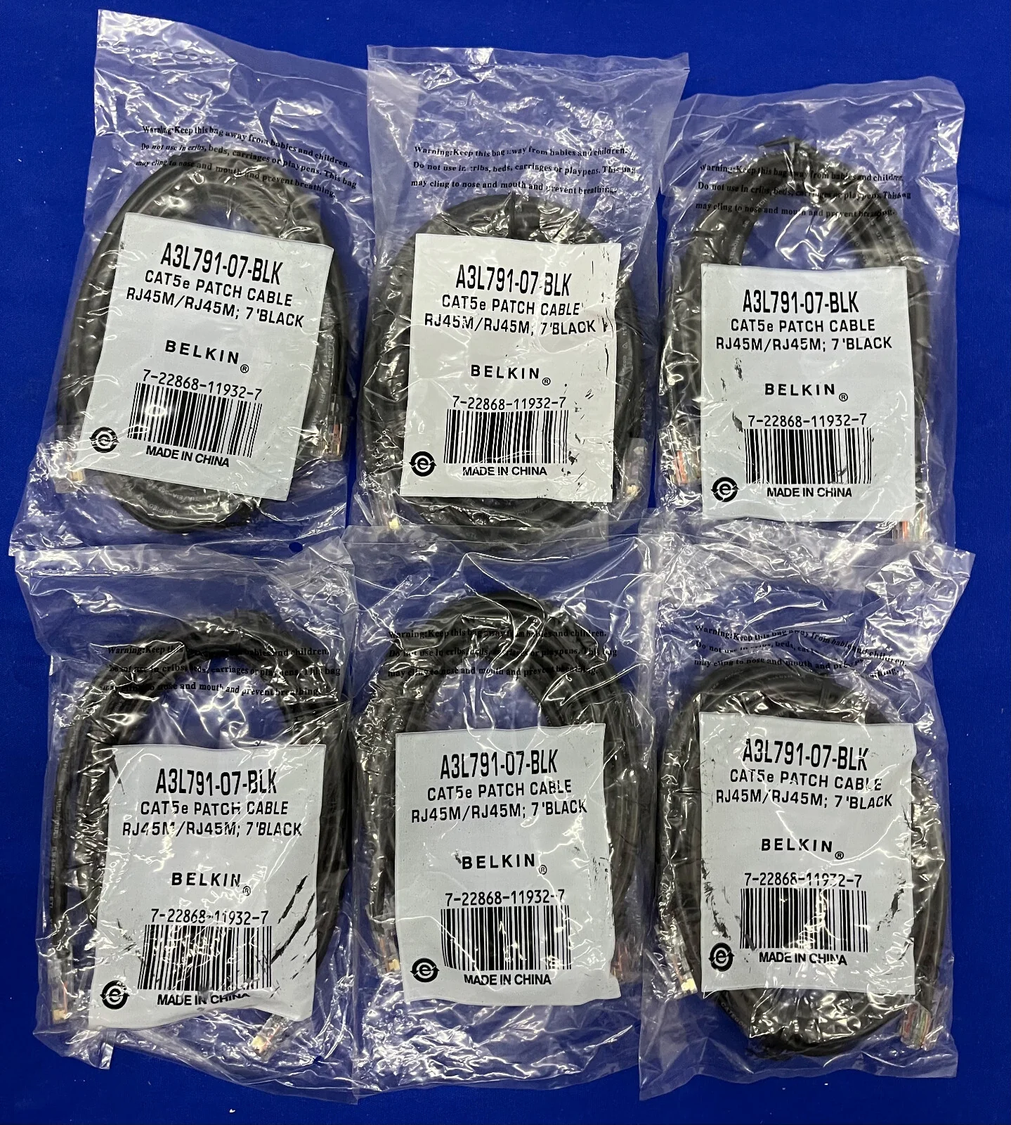 BELKIN®  CAT5e PATCH CABLE RJ45M/RJ45M 7’ BLACK A3L791-07-BLK – 1 LOT QTY 6