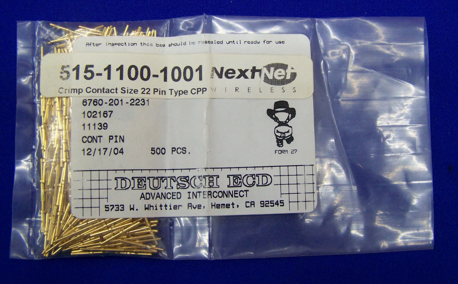 DEUTSCH ECD 6760-201-2231 Gold Plated CRIMP CONTACT 22AWG PIN 1 PACKAGE OF 500