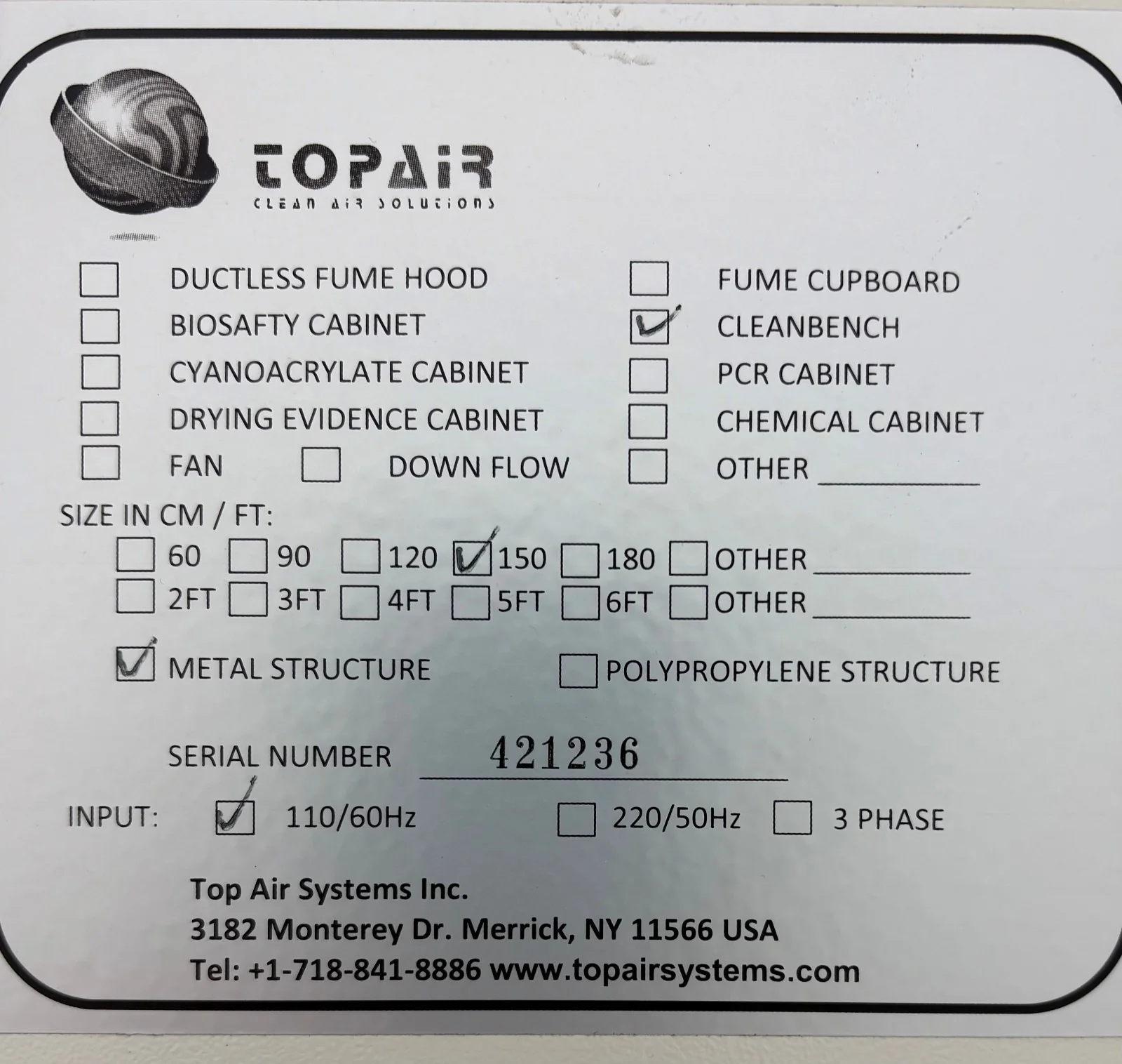 Topair Clean Air Solutions Clean Top 5′ Hepa Bench