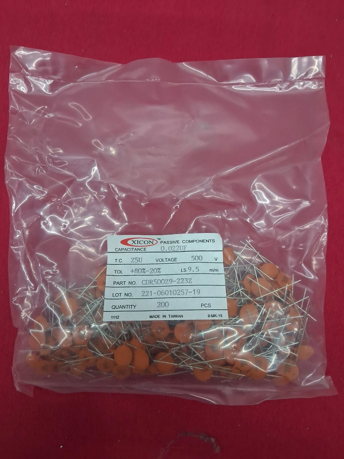 XICON  CDR500Z9-223Z  CAPACITANCE 0.022UF  T.C. Z5U  500V – 1 PKG QTY 200