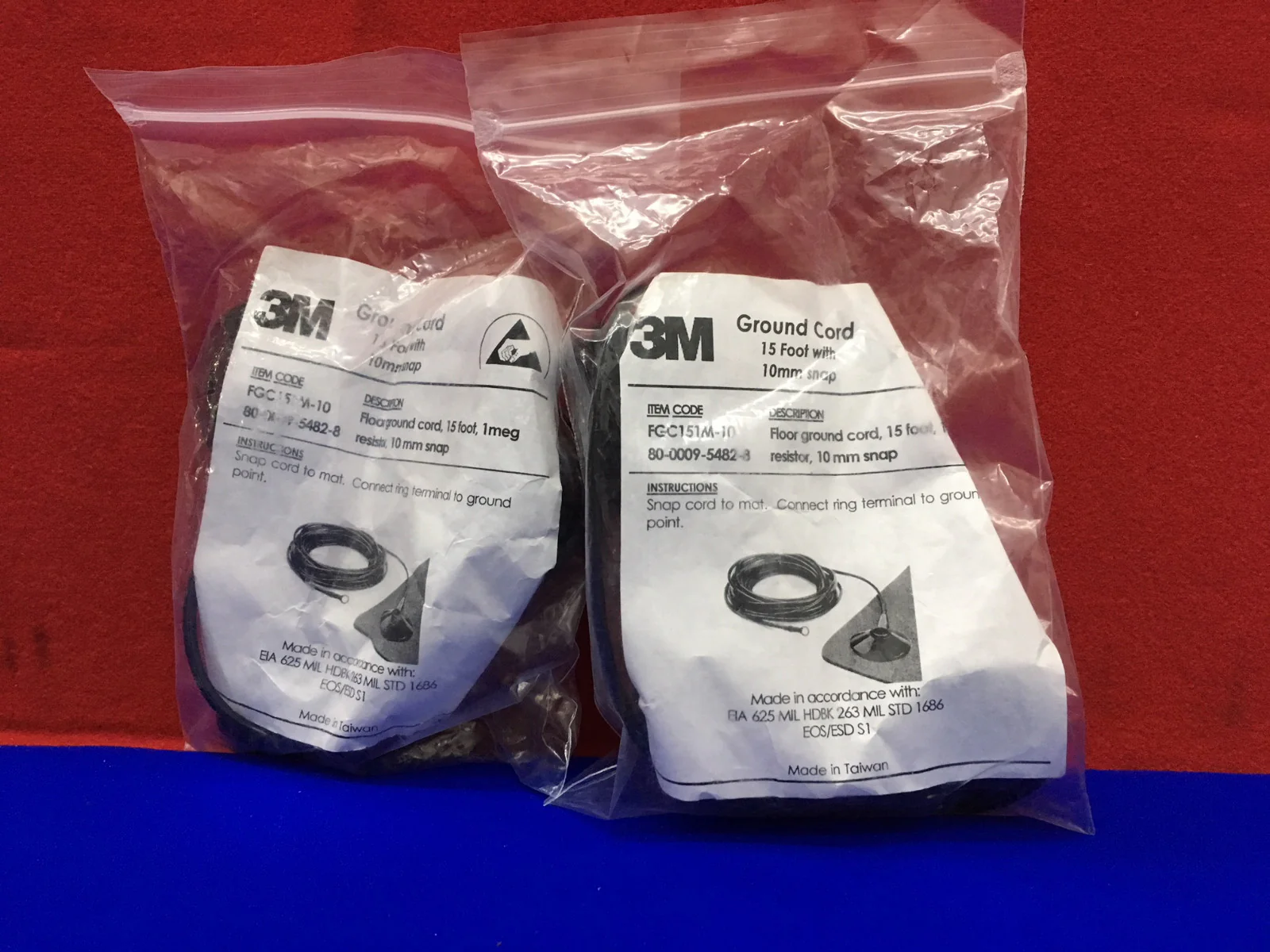 QTY 2 – 3M FGC151M-10 FLOOR GROUND CORDS 15′ 1 MEG RESISTOR 10mm SNAP