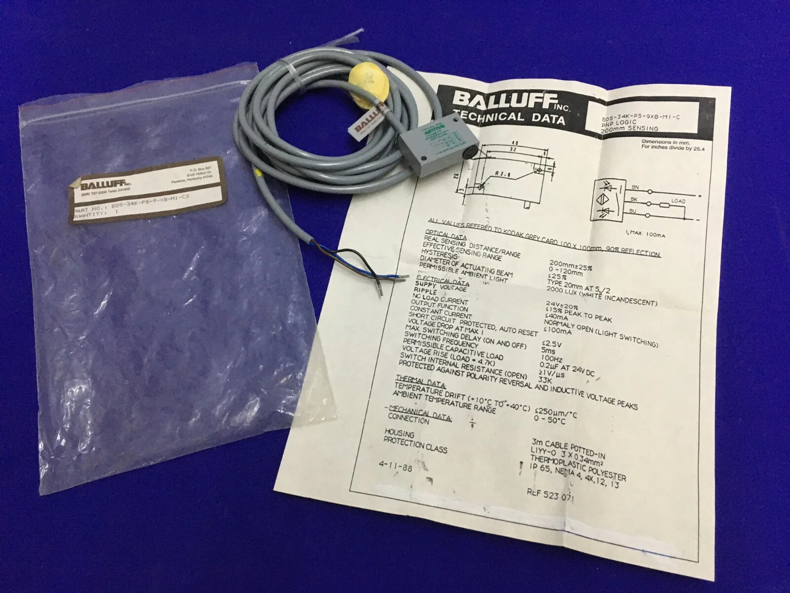 BALLUFF BOS-34K-PS-9-XB-M1-C3 10′ CORD PHOTOELECTRIC SENSOR