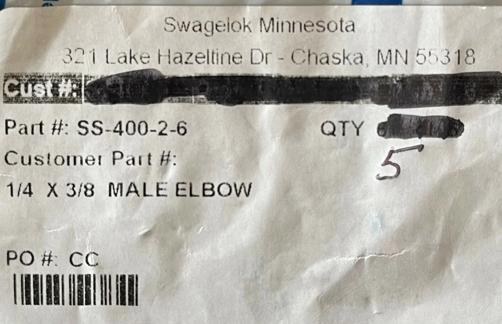 1 PKG OF QTY 5 Swagelok SS-400-2-6 Tube Fitting & Adapter Male Elbow 1/4 x 3/8