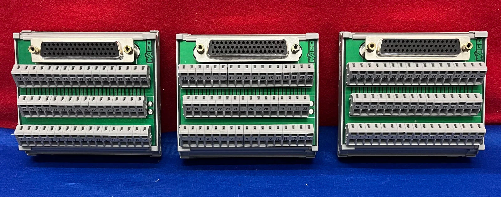 1 LOT QTY OF 3 – WAGO 50 Pin DIN RAIL MOUNT TERMINAL BLOCK