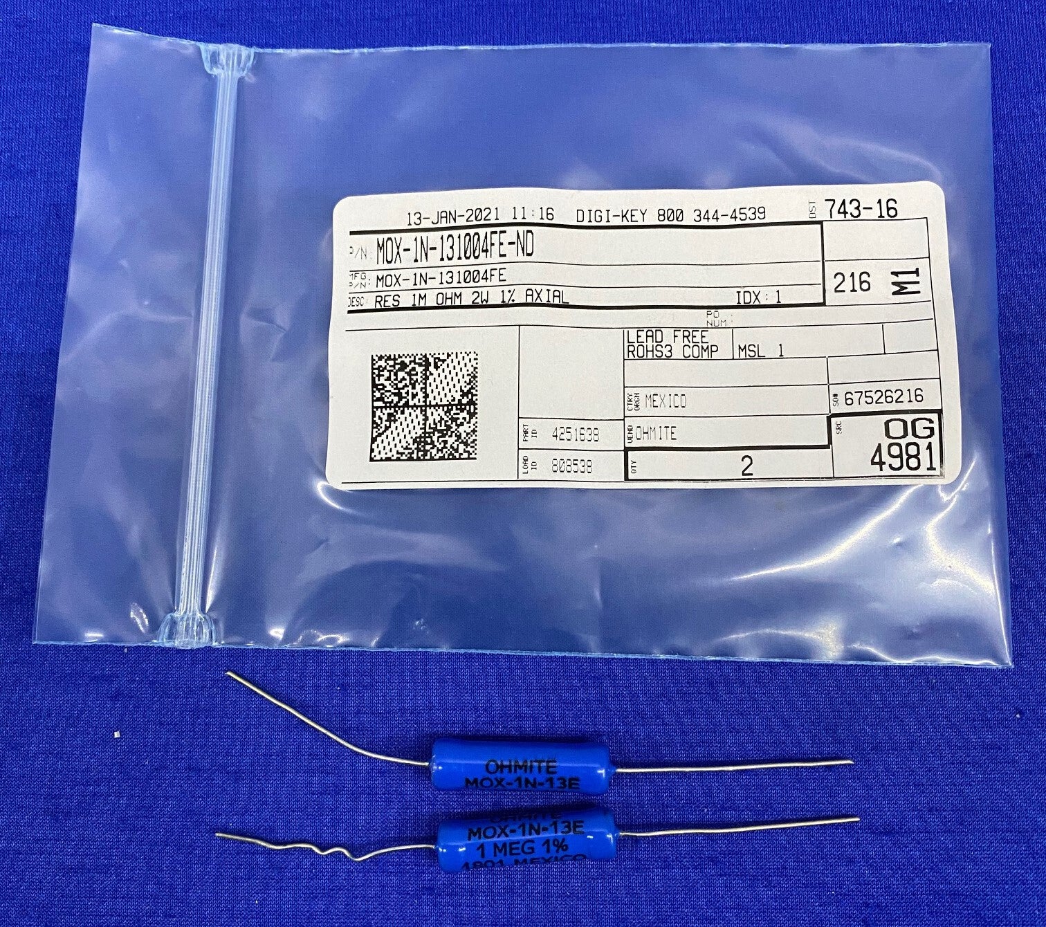 1 PKG QTY 2 – OHMITE DIGI-KEY ® MOX-1N-131004FE MOX-1N-131004FE-ND RESISTOR