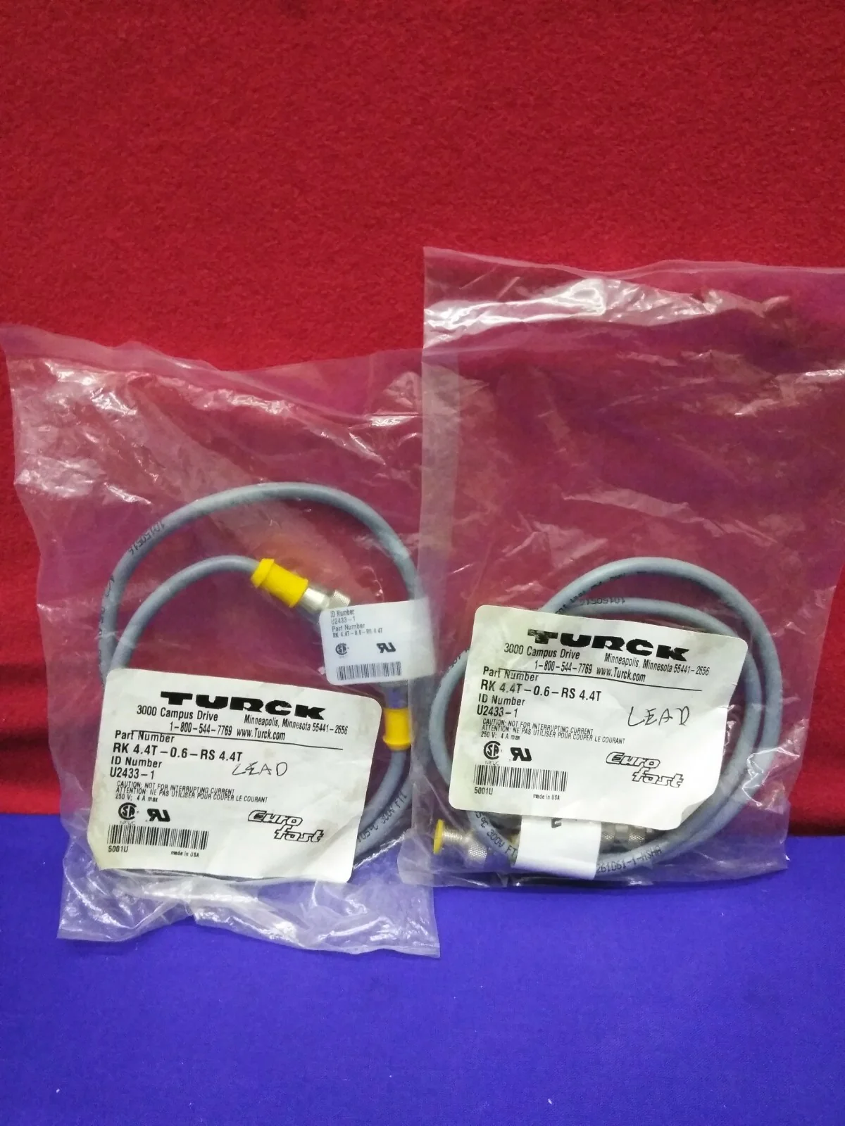 1 LOT OF QTY 2 – TURCK RK RK 4.4T-0.6-RS 4.4T / U2433-1 MOLDED CORDSET