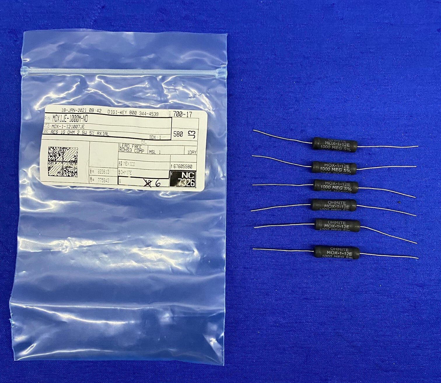 1 PKG OF QTY 6 – OHMITE / DIGI-KEY ® MOX-1-121007JE / MOX1JE-1000M-ND RESISTOR