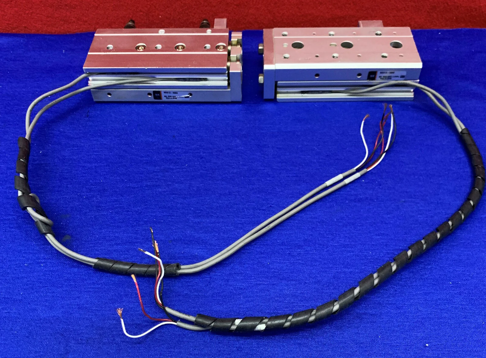 Lot of 2 – SMC MXS12-50AS Dual Rod Guided Pneumatic Slide w/ SMC D-F9N Sensor