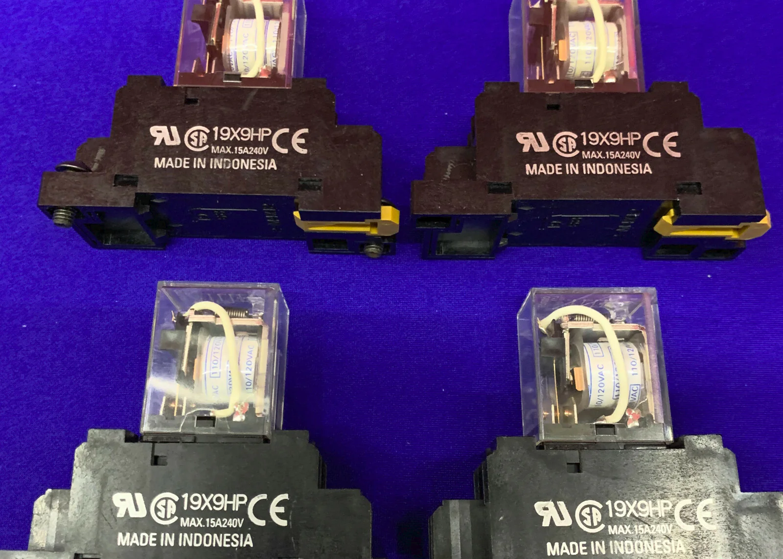 QTY 4 – LY1 RELAYS 110-120 VAC WITH 19X9HP BASES